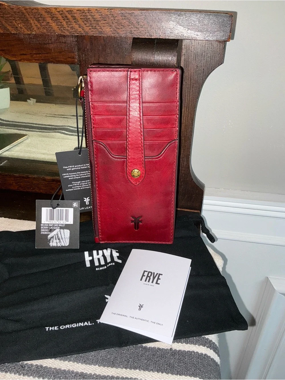 NWT Frye Melissa Leather Snap Card Wallet Berry Lacquer Red Retail $98